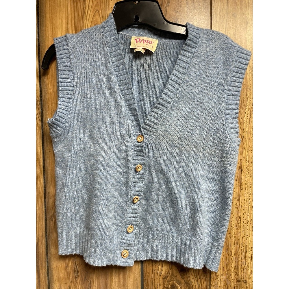 Vintage Dippy Knits Light Blue Sweater Vest Women's Large Wooden Buttons USA